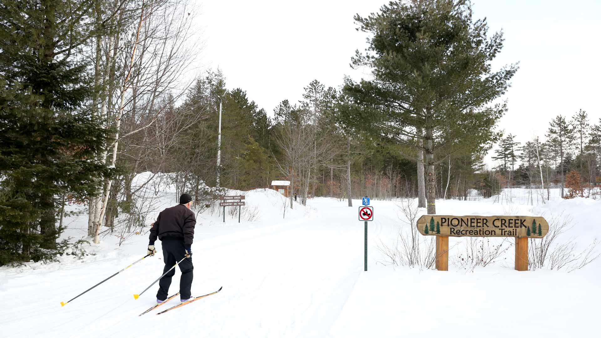 Person cross country skiing on Pioneer Creek Cross-Country Ski Trail of Vilas County, Wisconsin