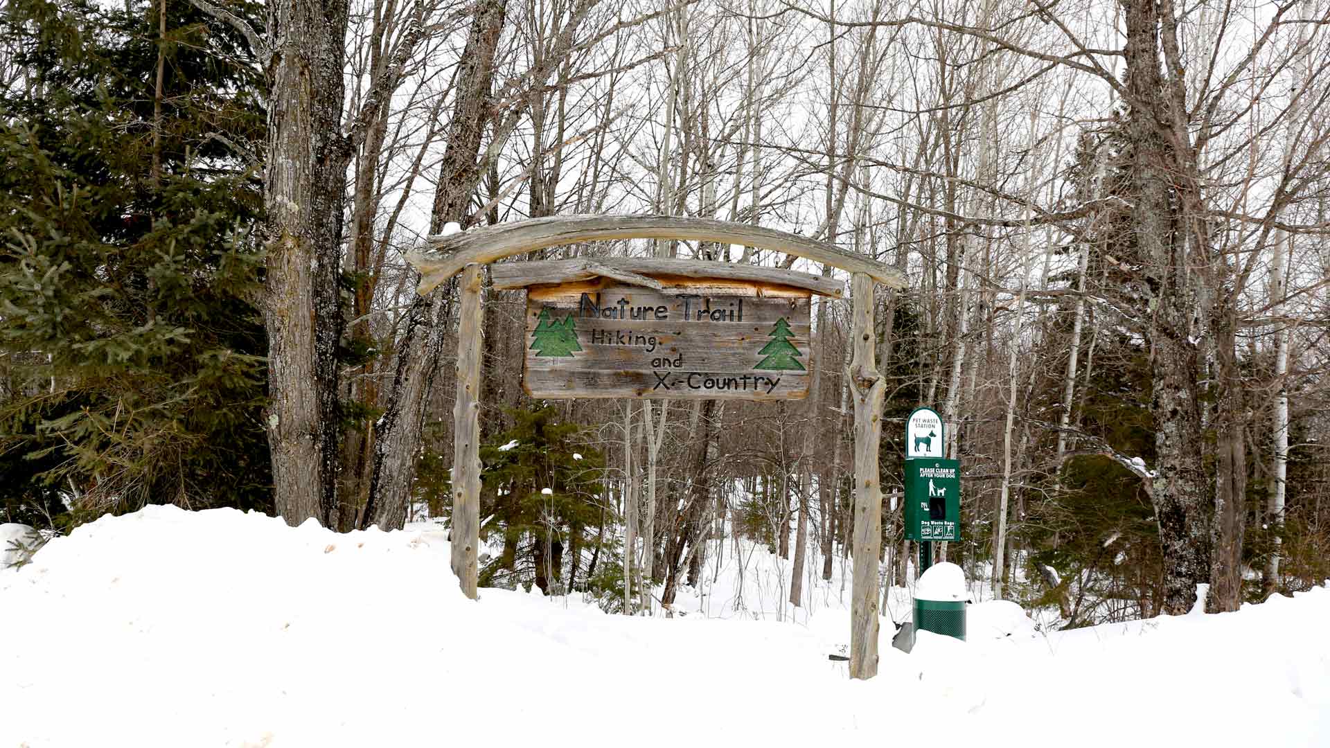 Rustic wooden sign displaying Nature Trail, Hiking and X-Country in front of snowy forest of Presque Isle Nature Trail in Vilas County, Wisconsin