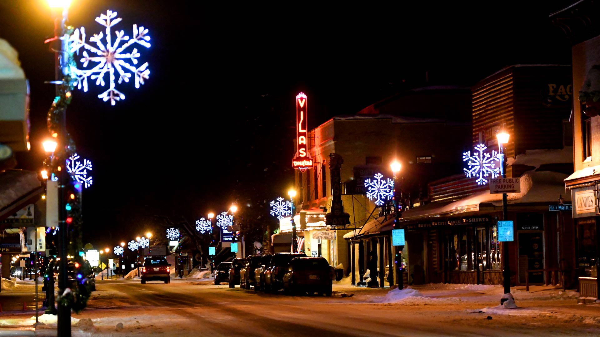 Downtown Eagler River Wisconsin at night.