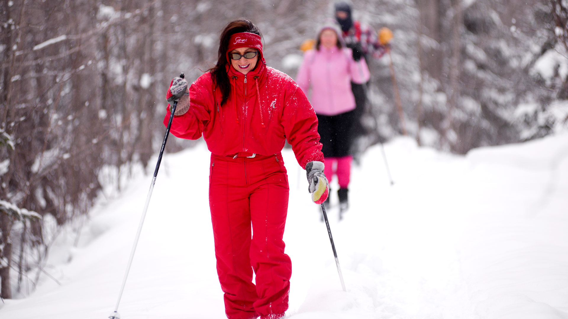 Cross-country skiing on a snowy forest trail