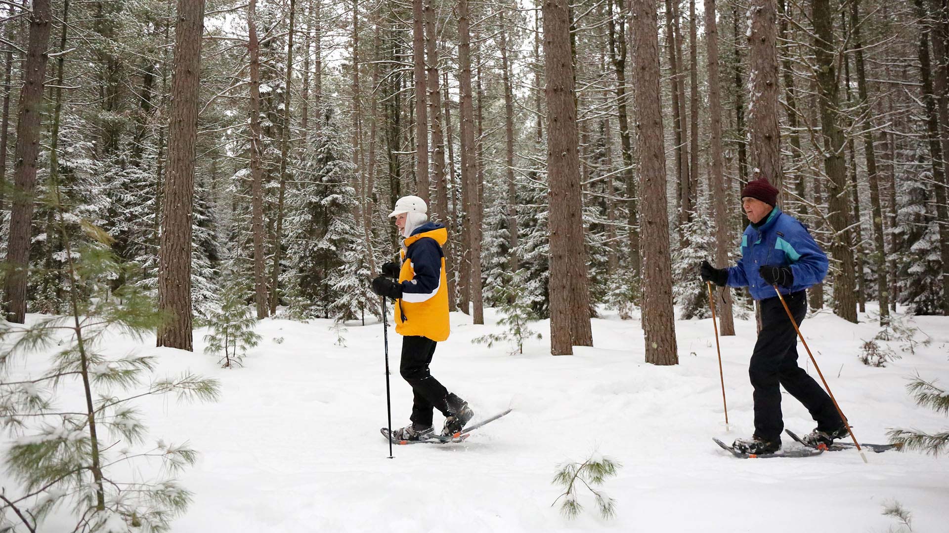 Older couple snowshoeing in the Awassa Nature Preserve