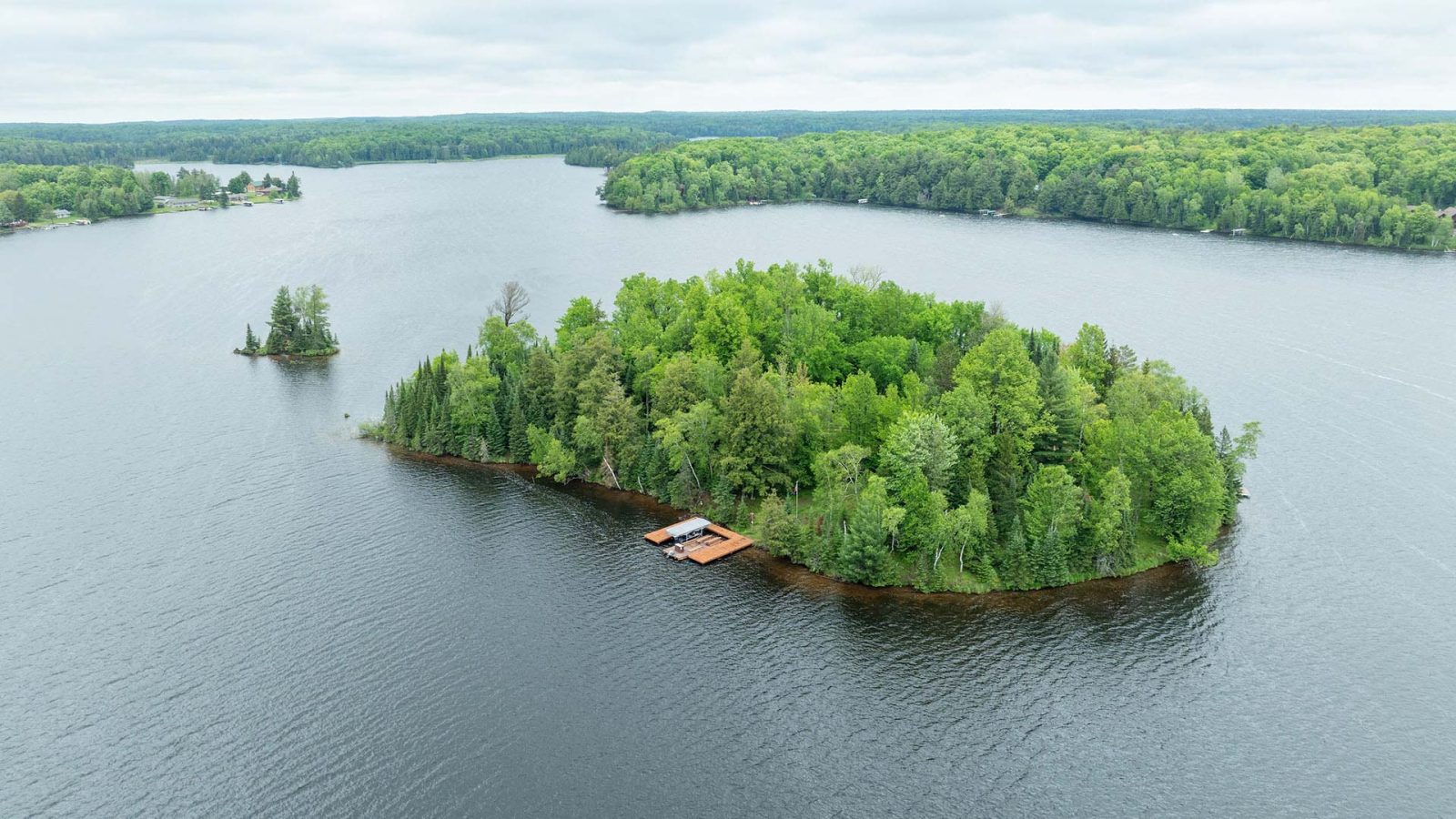 Bird's eye view of Bents Camp island surrounded by water