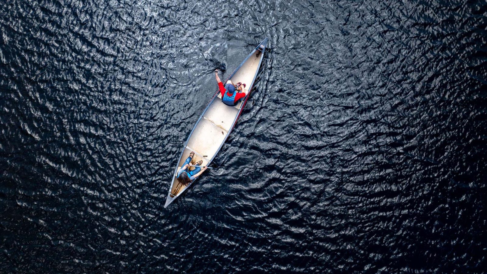 Aerial view of people canoeing at North Lakeland Discover Center